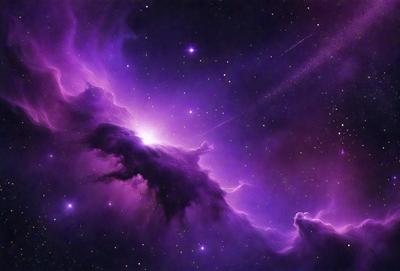 The primary subject of the image is a purple nebula, which is a cloud of gas and dust in space. The setting is a dark, star-filled sky, with the nebula being the main focus of the image. The visual style is a combination of a photo and digital art, creating a unique and captivating representation of the nebula. The colors and mood of the image are predominantly purple, giving it a serene and celestial atmosphere.