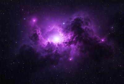 The primary subject of the image is a purple nebula, which is a cloud of gas and dust in space. The setting is a dark, star-filled sky, with the nebula being the main focus of the image. The visual style is a combination of a photo and digital art, creating a unique and captivating representation of the nebula. The colors and mood of the image are predominantly purple, giving it a serene and ethereal atmosphere.