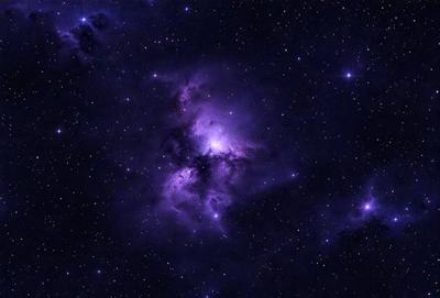The primary subject of the image is a purple nebula, which is a cloud of gas and dust in space. The setting is a dark, star-filled sky, with the nebula being the main focus of the image. The visual style is a combination of a photo and digital art, creating a unique and captivating representation of the nebula. The colors and mood of the image are predominantly purple, which adds to the overall atmosphere and beauty of the scene.