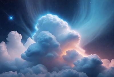 The primary subject of the image is a cloudy sky with a blue hue. The setting is a nighttime scene, with the sky being the main focus of the image. The visual style appears to be a digital art or illustration, as the clouds are depicted in a detailed and artistic manner. The colors and mood of the image are predominantly blue and serene, creating a peaceful and calming atmosphere.