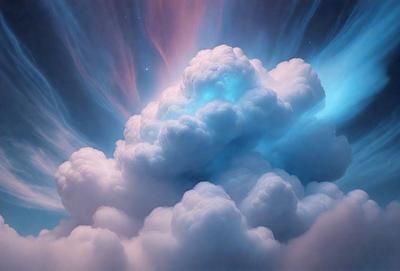 The primary subject of the image is a large, colorful cloud. The cloud is surrounded by a blue sky, creating a vibrant and lively atmosphere. The setting appears to be a nighttime sky, with the cloud being the main focus of the scene. The visual style of the image is a combination of photo and digital art, creating a unique and captivating representation of the cloud. The dominant colors in the image are blue and white, with the cloud being predominantly white and the sky being a deep shade of blue
