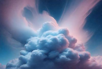 The primary subject of the image is a large, colorful cloud. The cloud is surrounded by a blue sky, and it appears to be a digital art or illustration. The visual style of the image gives it a vibrant and lively atmosphere. The dominant colors in the image are blue and pink, which create a sense of warmth and energy.