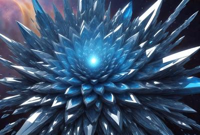 The primary subject of the image is a large, intricate, and colorful flower made of crystals. The flower is the main focus of the image, and it is set against a backdrop of a dark, starry sky. The visual style of the image is digital art, as it appears to be a computer-generated or digitally rendered creation. The dominant colors in the image are blue and white, giving the flower a striking and elegant appearance. The overall atmosphere of the image is one of beauty and wonder, as the vie