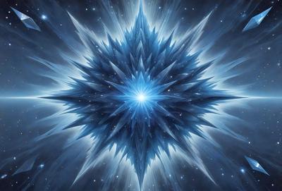 The primary subject of the image is a large, blue, three-dimensional geometric shape, which appears to be a crystal or a blue diamond. The setting is a space filled with stars, creating a backdrop for the geometric shape. The visual style of the image is digital art, as it is a computer-generated image. The dominant colors are blue and white, giving the image a calm and serene atmosphere.