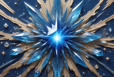 The primary subject of the image is a large, blue crystal with a bright light shining through it. The crystal is surrounded by a pattern of smaller blue crystals, creating a visually striking scene. The setting appears to be a space or an artistic environment, as the crystals are arranged in a way that suggests a deliberate design. The visual style of the image is a combination of digital art and illustration, with the blue crystals and the bright light creating a vibrant and captivating atmosphere