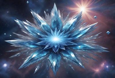 The primary subject of the image is a large, intricate, and colorful crystal structure. The setting is a space environment, with the crystal structure floating in the background. The visual style is digital art, as the image is a detailed and vibrant digital illustration. The dominant colors are blue and white, creating a sense of depth and beauty in the scene.