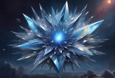 The primary subject of the image is a large, intricate, and colorful crystal structure. The setting is a dark, starry sky, which provides a dramatic backdrop for the crystal. The visual style is a combination of digital art and illustration, creating a unique and captivating scene. The colors and mood of the image are predominantly blue and purple, giving the impression of a celestial or otherworldly atmosphere.
