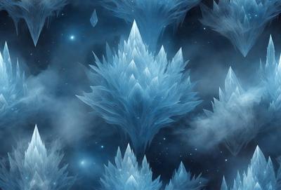 The primary subject of the image is a large, blue, crystal-like structure with multiple points and a unique, intricate design. The setting is a dark, starry sky, which serves as the backdrop for the crystal structure. The visual style is a combination of digital art and illustration, creating a captivating and surreal atmosphere. The dominant colors are blue and white, with the blue crystal structure standing out against the dark, starry sky. The overall mood of the image is one of wonder and a