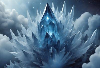 The primary subject of the image is a large, blue, crystal-like structure, possibly a mountain or a tower, with a star on top. The setting is a dark, cloudy sky, which adds to the dramatic atmosphere of the scene. The visual style appears to be a combination of digital art and illustration, creating a unique and captivating image. The dominant colors are blue and white, with the blue crystal structure and the white clouds in the sky. The overall mood of the image is one of mystery and