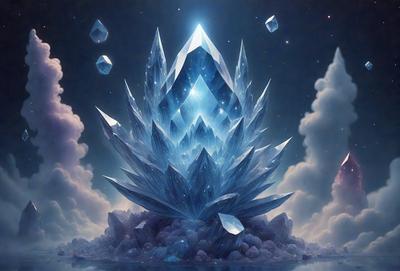 The primary subject of the image is a large, intricately designed crystal structure, possibly a geode or a crystal palace. The setting is a night sky, with the crystal structure towering over the landscape. The visual style is a digital art or illustration, showcasing the beauty and complexity of the crystal structure. The colors and mood of the image are predominantly blue and purple, creating a serene and mystical atmosphere.