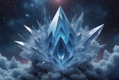 The primary subject of the image is a large, intricate crystal structure, possibly a futuristic building or a spacecraft, with a blue and white color scheme. The setting is a cloudy sky, which serves as the backdrop for the impressive structure. The visual style of the image is digital art, as it appears to be a computer-generated or digitally rendered creation. The colors and mood of the image are predominantly blue and white, giving it a sense of elegance and sophistication.