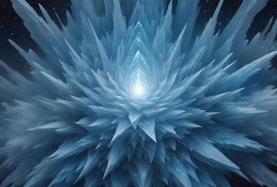 The primary subject of the image is a large, intricate, and colorful crystal structure. The setting is a dark, starry background, which contrasts with the vibrant colors of the crystal. The visual style is a combination of digital art and illustration, creating a unique and captivating scene. The dominant colors are blue and white, with the blue crystal structure and the white starry background creating a sense of depth and contrast. The overall atmosphere is one of wonder and awe, as the viewer is