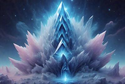 The primary subject of the image is a large, three-sided, blue and white crystal structure. The setting is a dark, starry sky, creating a dramatic backdrop for the crystal. The visual style is digital art, with the crystal appearing to be a digital rendering. The colors and mood of the image are predominantly blue and white, giving the scene a sense of tranquility and otherworldliness.