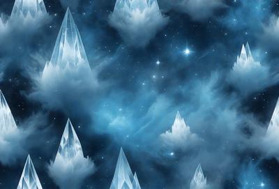 The primary subject of the image is a group of ice crystals or ice crystal-like objects floating in a blue, cloudy sky. The setting appears to be a space or an imaginative, artistic environment. The visual style of the image is digital art or illustration, as the ice crystals are depicted in a detailed and intricate manner. The dominant colors in the image are blue and white, creating a serene and calming atmosphere.