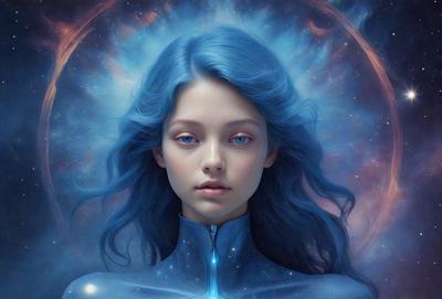 The primary subject of the image is a woman with blue hair, wearing a blue dress. She is the main focus of the image. The setting is a space-themed background, which adds to the overall atmosphere of the image. The visual style is a digital art, illustration, or drawing, which gives the image a unique and artistic appearance. The colors and mood of the image are predominantly blue, which adds to the overall aesthetic and creates a sense of calmness and tranquility.