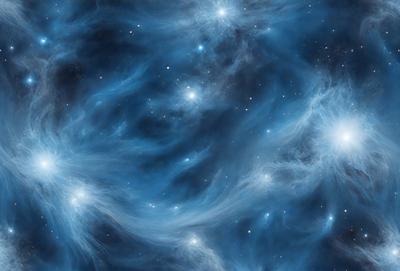 The primary subject of the image is a blue nebula, which is a cloud of gas and dust in space. The setting is a dark, star-filled sky, with the nebula being the main focus of the image. The visual style is a combination of a photo and digital art, creating a unique and captivating representation of the nebula. The colors and mood of the image are predominantly blue, with a sense of wonder and awe, as the viewer is drawn into the vastness of space
