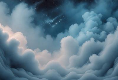 The primary subject of the image is a cloudy sky filled with clouds. The setting is a nighttime scene with a dark background, creating a dramatic atmosphere. The visual style is a painting, which adds a sense of artistic expression to the image. The colors and mood are predominantly dark and moody, with the clouds and night sky creating a sense of mystery and depth.