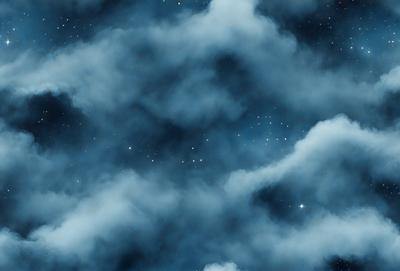The primary subject of the image is a cloudy night sky. The setting is a dark, cloudy night with a few stars visible. The visual style is a digital art or illustration, creating a moody and atmospheric scene. The colors are predominantly dark and blue, with some white clouds and a few stars adding contrast to the overall mood.