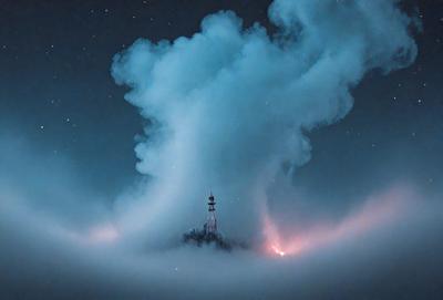 The primary subject of the image is a lighthouse, which is situated in a foggy environment. The setting is a nighttime scene with a cloudy sky, and the visual style appears to be a photo. The dominant colors in the image are blue and white, creating a serene and atmospheric mood.
