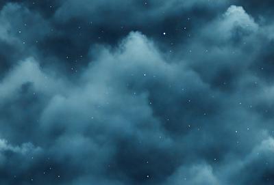 The primary subject of the image is a cloudy blue sky filled with clouds. The setting is a nighttime sky, with the clouds illuminated by the stars. The visual style is a natural, outdoor scene, and the colors and mood are serene and peaceful.