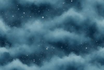 The primary subject of the image is the night sky filled with stars. The setting is a cloudy night, with the clouds creating a dramatic backdrop. The visual style is a digital art or illustration, showcasing the beauty of the night sky and the stars. The colors and mood are predominantly dark and moody, with the stars providing a sense of wonder and tranquility.