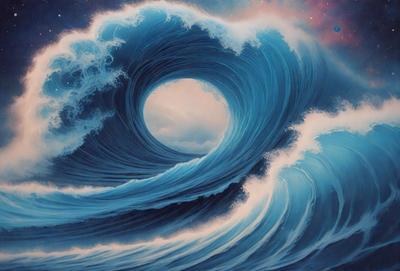 The primary subject of the image is a large wave with a hole in the center, creating a unique and captivating visual effect. The wave is set against a backdrop of a dark blue sky, which adds to the dramatic atmosphere of the scene. The visual style of the image is a combination of digital art and illustration, with the wave and the hole in the center being the focal points of the composition. The colors in the image are predominantly dark blue and black, with the hole in the center appearing as a bright