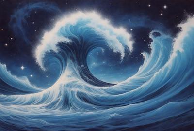 The primary subject of the image is a large wave, which is the main focus of the scene. The wave is depicted in a painting or drawing, giving it a more artistic and creative visual style. The setting is a dark, starry night, which adds a sense of mystery and drama to the scene. The dominant colors in the image are blue and white, which contribute to the overall mood of the painting.