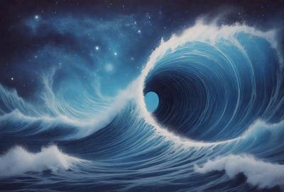 The primary subject of the image is a large wave in the ocean. The wave is depicted in a painting, which gives it a unique visual style. The setting is the ocean, with the wave being the main focus of the scene. The colors and mood of the painting are predominantly blue, creating a serene and calming atmosphere.