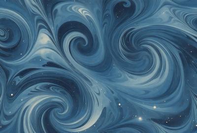 The primary subject of the image is a blue and white swirling pattern, which appears to be a digital art or illustration. The setting is a dark blue background, and the visual style is a combination of digital art and illustration. The dominant colors are blue and white, creating a calm and serene atmosphere.