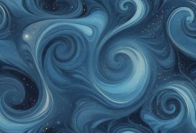 The primary subject of the image is a swirling blue pattern, which appears to be a digital art or illustration. The setting is a dark blue background, and the visual style suggests that it is a painting or drawing. The dominant colors are blue and black, creating a moody and dramatic atmosphere.