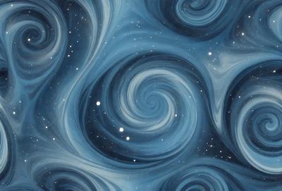 The primary subject of the image is a spiral pattern, which is a part of a blue and white swirl. The setting is a night sky, and the visual style is a combination of digital art and illustration. The dominant colors are blue and white, creating a serene and calming atmosphere.