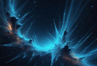The primary subject of the image is a blue, swirling, and cloudy space with a starry background. The visual style appears to be a digital art or illustration, creating a vibrant and dynamic atmosphere. The colors and mood convey a sense of wonder and exploration, as the viewer is drawn into the depths of the cosmos.