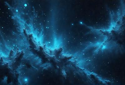 The primary subject of the image is a blue nebula with a star in the center. The setting is a dark, star-filled sky, and the visual style is a digital art or illustration. The dominant colors are blue and purple, creating a serene and peaceful atmosphere.