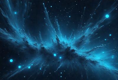 The primary subject of the image is a blue and purple nebula, which is a swirling mass of gas and dust in space. The setting is a dark, starry sky, with the nebula being the main focus of the image. The visual style is a digital art or illustration, creating a vibrant and colorful scene. The dominant colors are blue and purple, giving the image a serene and celestial atmosphere.