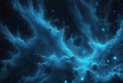 The primary subject of the image is a blue nebula, which is a cloud of gas and dust in space. The setting is a dark, starry sky, with the nebula being the main focus of the image. The visual style is a combination of a photo and digital art, creating a unique and captivating representation of the celestial object. The colors and mood of the image are predominantly blue, with a sense of wonder and awe, as the viewer is drawn into the vastness of space