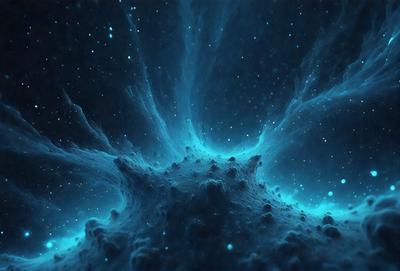 The primary subject of the image is a blue, swirling, and glowing mass that resembles a galaxy or a nebula. The setting is a dark, starry background, which contrasts with the bright blue swirls. The visual style is a digital art or illustration, creating a sense of depth and movement. The colors and mood are predominantly blue, with a hint of purple, giving the image a serene and celestial atmosphere.