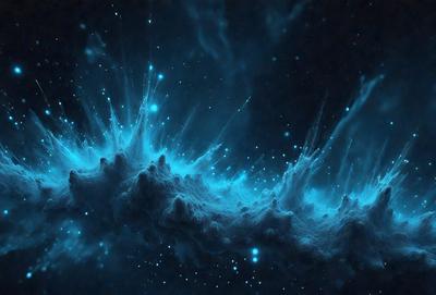 The primary subject of the image is a blue, swirling, and glowing mass of light, which appears to be a celestial object or a space-themed artwork. The setting is a dark, starry sky, with the blue light source standing out against the background. The visual style is a combination of digital art and illustration, creating a captivating and surreal atmosphere. The colors and mood are predominantly blue, with a hint of purple, giving the scene a serene and other