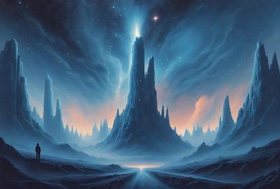 The primary subject of the image is a tall, pointed structure, possibly a tower or a building, with a blue sky in the background. The setting appears to be a futuristic or fantasy world, as the structure is surrounded by a series of smaller towers or buildings. The visual style of the image is a digital art or illustration, with a vibrant blue color scheme that adds to the overall atmosphere of the scene.