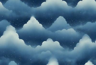 The primary subject of the image is a cloudy sky filled with various cloud formations. The setting is a nighttime scene, with the sky being the main focus of the image. The visual style is a combination of digital art and illustration, creating a unique and artistic representation of the cloudy sky. The colors and mood of the image are predominantly dark and moody, with the clouds and night sky creating a dramatic and atmospheric scene.