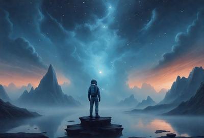 The primary subject of the image is a man standing on a rock in a dark, starry sky. The setting is a mountainous landscape with a body of water nearby. The visual style is a digital art or illustration, creating a dramatic and atmospheric scene. The colors and mood are predominantly dark and moody, with the starry sky and the man's silhouette adding to the overall ambiance.