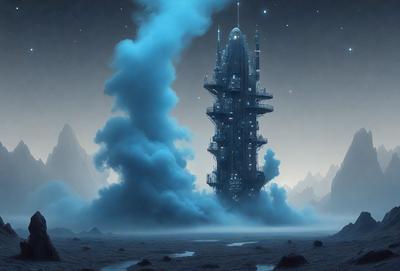 The primary subject of the image is a futuristic, towering building with a blue and white color scheme. The building is situated in a desolate, foggy environment, giving it a mysterious and eerie appearance. The visual style of the image is a combination of photo and digital art, creating a surreal and captivating scene. The dominant colors in the image are blue and white, which contribute to the overall atmosphere of the scene.