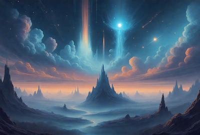 The primary subject of the image is a large, tall tower with a castle-like appearance, situated in a vast, open landscape. The setting is a cloudy sky, which adds to the overall atmosphere of the scene. The visual style of the image is a digital art or illustration, showcasing the intricate details of the tower and the surrounding environment. The colors in the image are predominantly dark and moody, with the tower standing out as the focal point of the scene.
