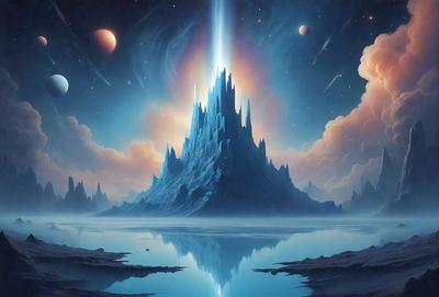 The primary subject of the image is a large, tall, and majestic castle-like structure with a tall tower, situated on a rocky island in the middle of a large body of water. The setting is a serene and picturesque landscape, with the sky visible in the background. The visual style of the image is a digital art or illustration, creating a sense of fantasy and wonder. The dominant colors in the image are blue and white, which contribute to the overall atmosphere of calmness and tranquility.