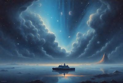 The primary subject of the image is a boat floating on a body of water, with a couple of people on board. The boat is situated in the middle of the scene, surrounded by a serene and peaceful environment. The setting includes a sky filled with clouds, creating a dramatic backdrop for the boat. The visual style of the image is a painting, which adds to the overall atmosphere and mood of the scene. The colors in the painting are predominantly dark, with the boat and the sky being the main focus, creating