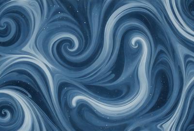 The primary subject of the image is a blue and white swirling pattern, which appears to be a digital art or illustration. The setting is a dark blue background, creating a contrasting effect with the swirling pattern. The visual style suggests that the image is a creative and artistic representation of a swirling motion. The colors and mood of the image are predominantly dark blue and white, giving it a calm and serene atmosphere.