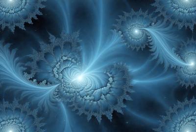 The primary subject of the image is a swirling, spiraling, and intricate blue pattern. The setting is a dark, starry background, which adds to the overall mood of the image. The visual style is a combination of digital art and illustration, creating a unique and captivating design. The dominant colors are blue and purple, which contribute to the overall atmosphere of the image, evoking a sense of mystery and wonder.