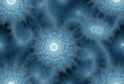 The primary subject of the image is a blue and white flower pattern. The setting is a blue background, and the visual style appears to be a digital art or illustration. The dominant colors are blue and white, creating a calm and serene atmosphere.