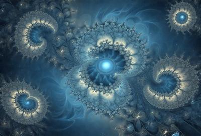 The primary subject of the image is a blue and white spiral pattern, which appears to be a digital art or illustration. The setting is a dark blue background, which contrasts with the spiral pattern. The visual style is a combination of digital art and illustration, creating a unique and intricate design. The colors and mood of the image are predominantly dark and moody, with the blue and white spiral pattern serving as the focal point.