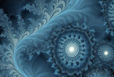 The primary subject of the image is a blue and white spiral pattern, which appears to be a digital art or illustration. The setting is a blue background, and the visual style is a combination of digital art and illustration. The colors and mood of the image are predominantly blue and white, creating a serene and calming atmosphere.