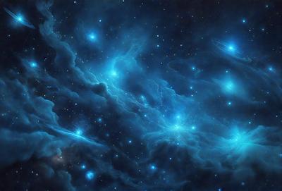 The primary subject of the image is a beautiful, blue, star-filled sky. The setting is a nighttime scene with a dark background, and the visual style is a digital art or illustration. The colors and mood of the image are predominantly blue, creating a serene and peaceful atmosphere.